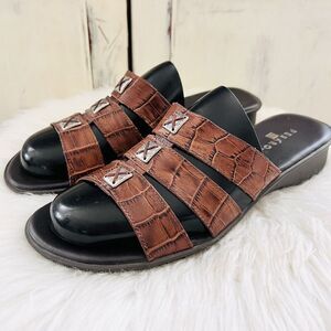 Pesaro Brown Brazilian Leather Faux Croc Strappy Low Wedge Slide Sandals ~ 7.5